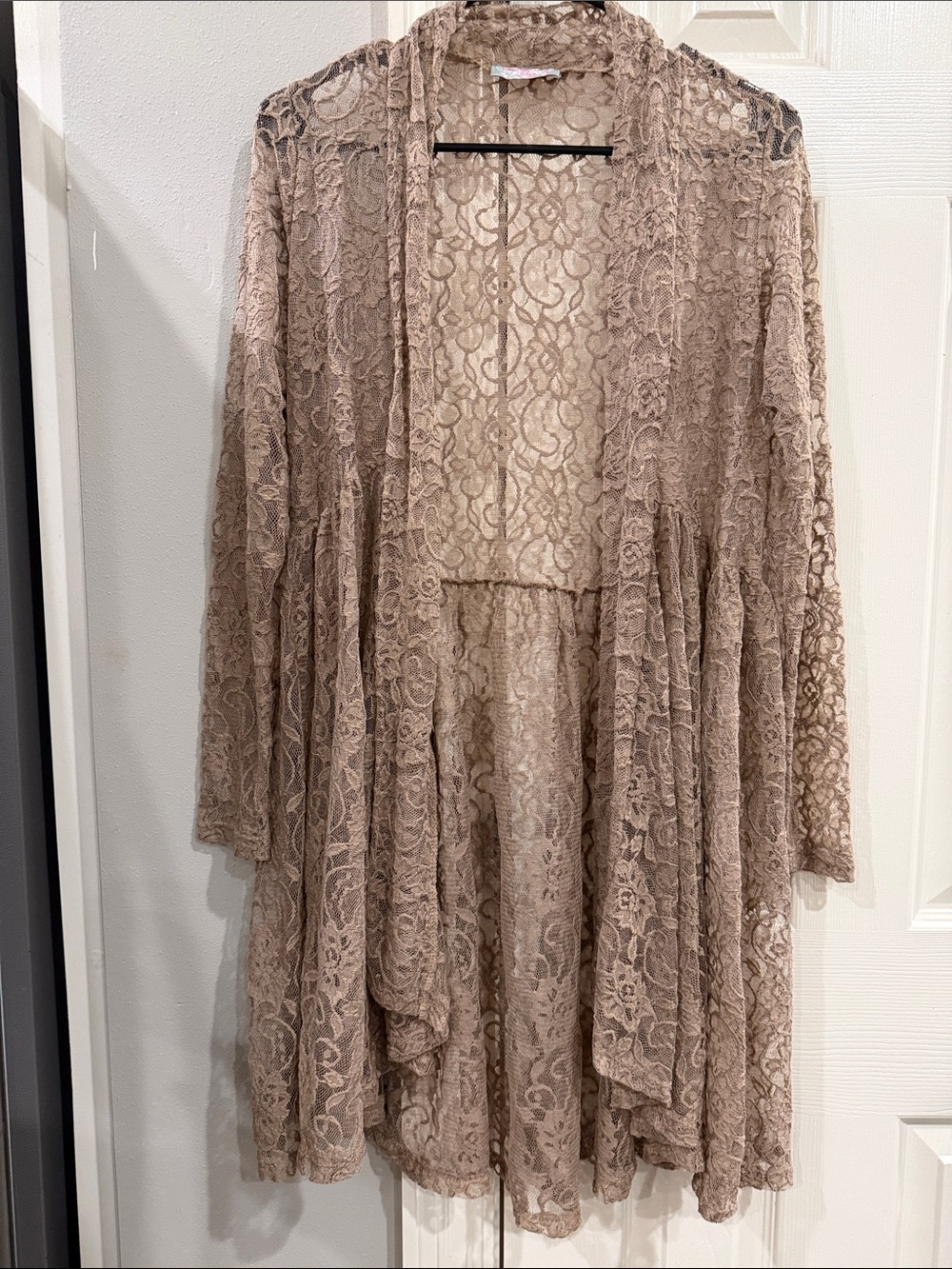 Pretty Young Thing Sheer Lace Open-Front Blazer Jacket in Taupe